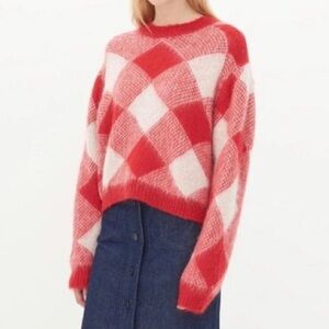 Sandro Sparks Diamond Sweater Red Plaid Mohair Size Small crew neck fluffy